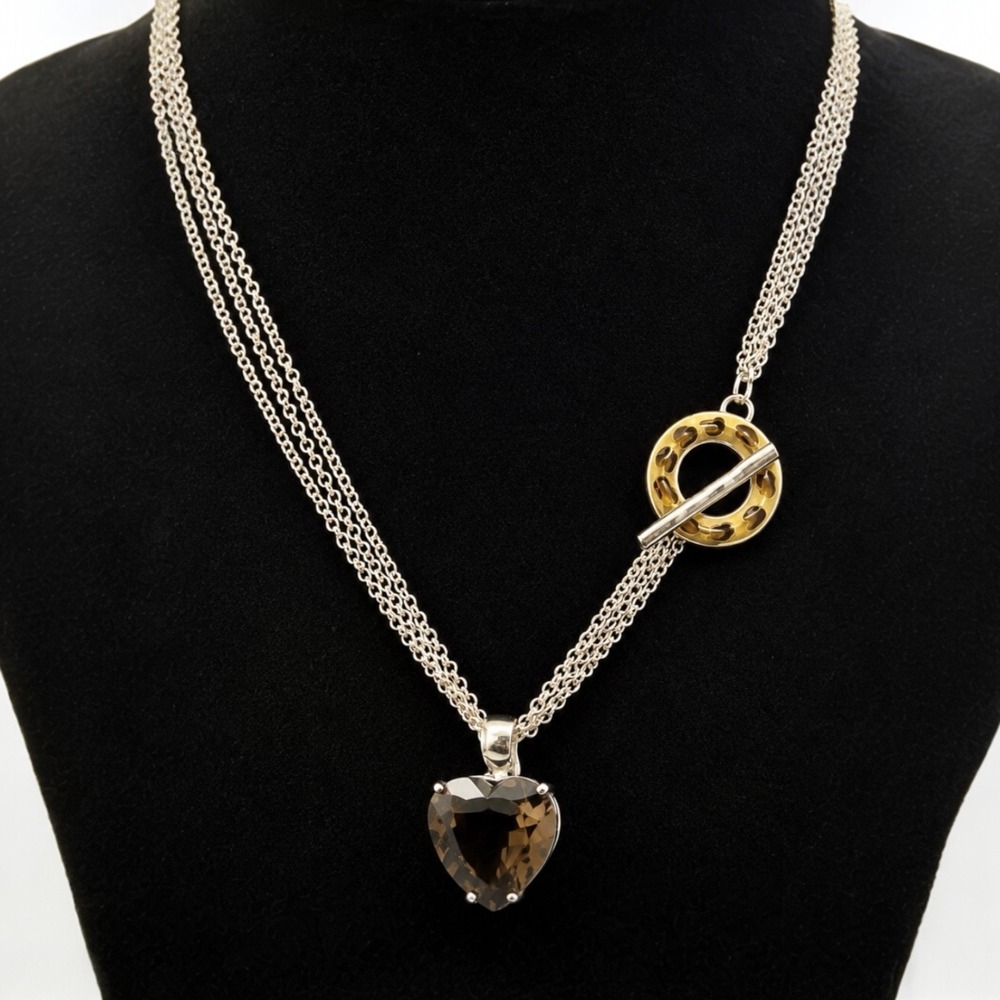 David Sigal Necklace 925 Sterling Silver Smoky Quartz Heart Toggle Leopard
